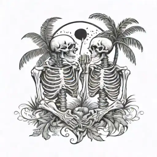 Female and male skeleton in love, under palm trees, hearts, moon beach, detailed black and white   color tattoo design idea