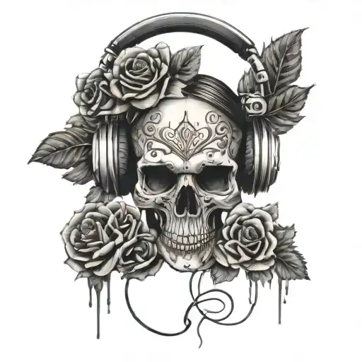 female skull with headphones , roses, thorn  tattoo design idea