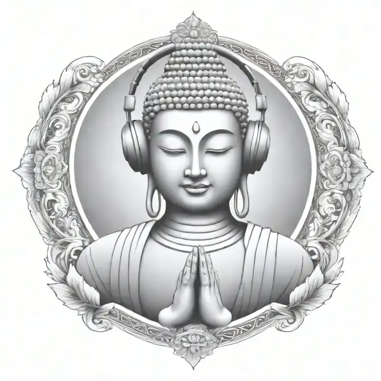 Buddha with headphones on, listening to music, meditating surrounded  tattoo design idea