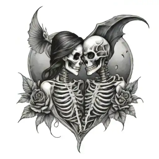 Female and Male Skeleton couple in love thorns, hearts, moon tattoo design idea