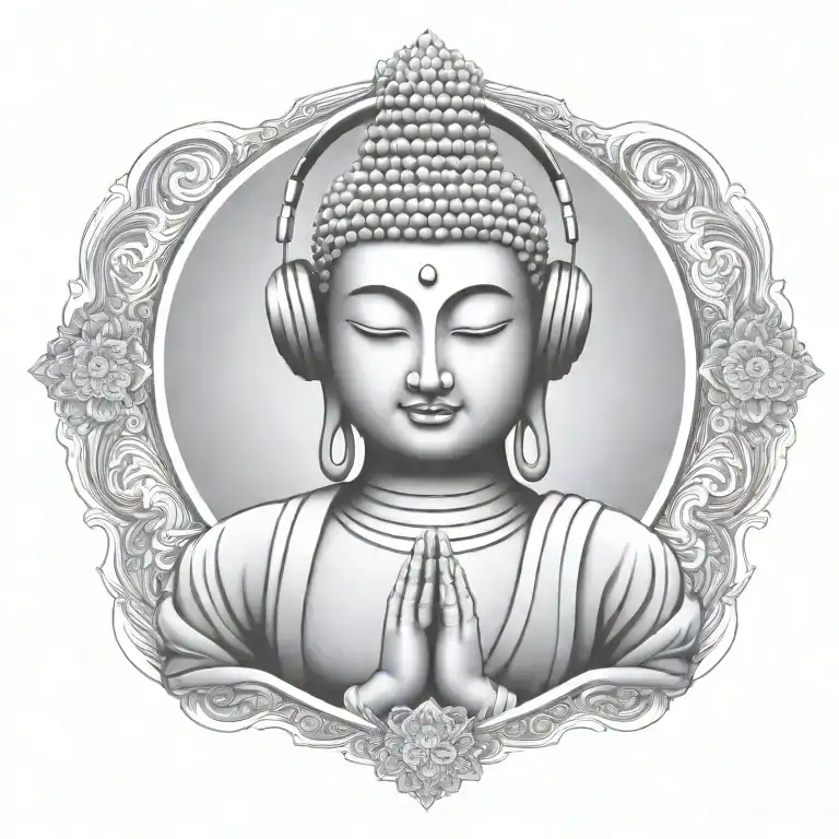 Buddha with headphones on, listening to music, meditating surrounded  tattoo design idea
