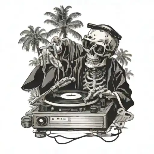 skeleton, DJ, turntables, with sunglasses, playing records, music, wearing kimono, Palm tree, black and white color tattoo design idea