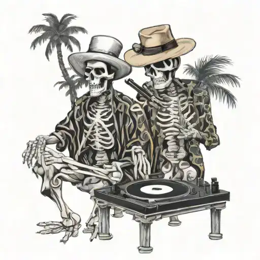 male female skeletons, DJ, turntables, dancing, hat, wearing kimonos, Palm tree, smoking black and white color tattoo design idea