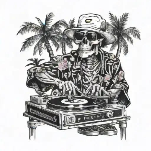 skeleton, DJ, turntables, with sunglasses, baseball hat, music, wearing kimono, Palm tree, black and white color tattoo design idea