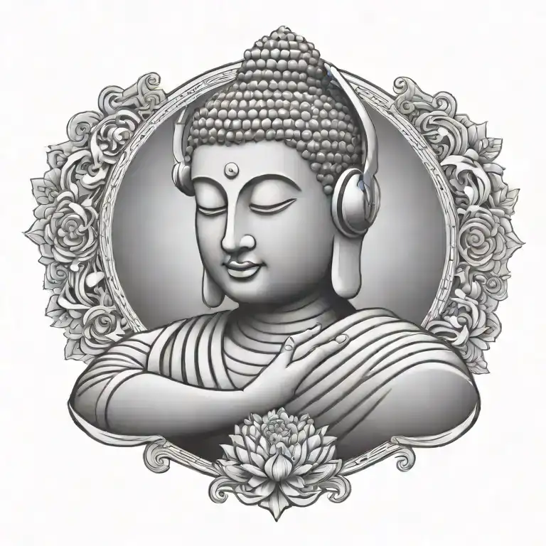 Buddha with headphones on, listening to music, meditating surrounded  tattoo design idea