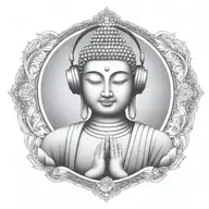 Buddha with headphones on, listening to music, meditating surrounded  tattoo design idea