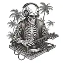 skeleton, DJ, with sunglasses, records, music, wearing kimono, Palm tree, black and white color tattoo design idea
