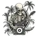 skeleton, DJ, with sunglasses, records, music, wearing kimono, Palm tree, black and white color tattoo design idea