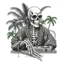 skeleton, DJ, with sunglasses, records, music, wearing kimono, Palm tree, black and white color tattoo design idea
