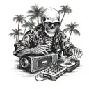 skeleton, DJ, with sunglasses, records, music, wearing kimono, Palm tree, black and white color tattoo design idea