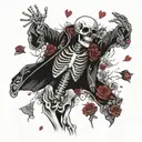 male skeleton in love, wearing kimono, black and white, roses, DJ, music  , heart tattoo design idea