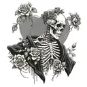 male skeleton in love, wearing kimono, black and white, roses, DJ, music  , heart tattoo design idea