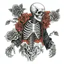 male skeleton in love, wearing kimono, black and white, roses, DJ, music  , heart tattoo design idea