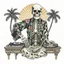 skeleton, DJ, with sunglasses, records, music, wearing kimono, Palm tree tattoo design idea