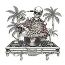 skeleton, DJ, with sunglasses, records, music, wearing kimono, Palm tree tattoo design idea