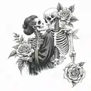 Female, male skeleton in love, wearing kimonos, black and white, roses, DJ, music  , heart tattoo design idea