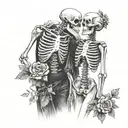 Female, male skeleton in love, wearing kimonos, black and white, roses, DJ, music  , heart tattoo design idea