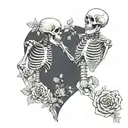 Female, male skeleton in love, wearing kimonos, black and white, roses, DJ, music  , heart tattoo design idea