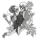 Female, male skeleton in love, wearing kimonos, black and white, roses, DJ, music  , heart tattoo design idea