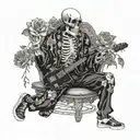 male skeleton, DJ, in love, with sunglasses wearing kimono, black and white, roses, music  , heart tattoo design idea