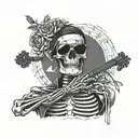 male skeleton, DJ, in love, with sunglasses wearing kimono, black and white, roses, music  , heart tattoo design idea