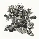 male skeleton, DJ, in love, with sunglasses wearing kimono, black and white, roses, music  , heart tattoo design idea