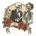 Female and Male Skeleton couple full body in love, holding hands, thorns, hearts, moon above tattoo design idea