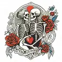 Female and Male Skeleton couple full body in love, holding hands, thorns, hearts, moon above tattoo design idea