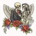 Female and Male Skeleton couple full body in love, holding hands, thorns, hearts, moon above tattoo design idea
