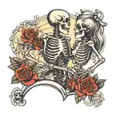 Female and Male Skeleton couple full body in love, holding hands, thorns, hearts, moon above tattoo design idea