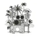male female skeletons, DJ, turntables, dancing, hat, wearing kimonos, Palm tree, smoking black and white color tattoo design idea