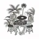 male female skeletons, DJ, turntables, dancing, hat, wearing kimonos, Palm tree, smoking black and white color tattoo design idea