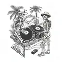 male female skeletons, DJ, turntables, dancing, hat, wearing kimonos, Palm tree, smoking black and white color tattoo design idea