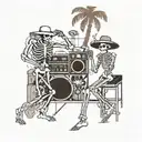 male female skeletons, DJ, turntables, dancing, hat, wearing kimonos, Palm tree, smoking black and white color tattoo design idea