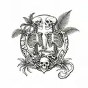 Female and male skeleton in love, under palm trees, hearts, moon beach, detailed black and white   color tattoo design idea
