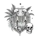 Female and male skeleton in love, under palm trees, hearts, moon beach, detailed black and white   color tattoo design idea
