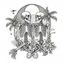 Female and male skeleton in love, under palm trees, hearts, moon beach, detailed black and white   color tattoo design idea