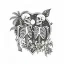 Female and male skeleton in love, under palm trees, hearts, moon beach, detailed black and white   color tattoo design idea