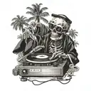 skeleton, DJ, turntables, with sunglasses, playing records, music, wearing kimono, Palm tree, black and white color tattoo design idea