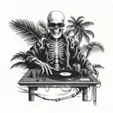 skeleton, DJ, turntables, with sunglasses, playing records, music, wearing kimono, Palm tree, black and white color tattoo design idea