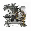 skeleton, DJ, turntables, with sunglasses, playing records, music, wearing kimono, Palm tree, black and white color tattoo design idea