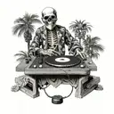 skeleton, DJ, turntables, with sunglasses, playing records, music, wearing kimono, Palm tree, black and white color tattoo design idea