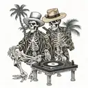 male female skeletons, DJ, turntables, dancing, hat, wearing kimonos, Palm tree, smoking black and white color tattoo design idea