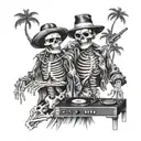 male female skeletons, DJ, turntables, dancing, hat, wearing kimonos, Palm tree, smoking black and white color tattoo design idea