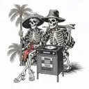 male female skeletons, DJ, turntables, dancing, hat, wearing kimonos, Palm tree, smoking black and white color tattoo design idea