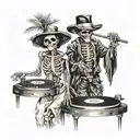 male female skeletons, DJ, turntables, dancing, hat, wearing kimonos, Palm tree, smoking black and white color tattoo design idea
