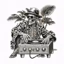 skeleton, DJ, turntables, with sunglasses, baseball hat, music, wearing kimono, Palm tree, black and white color tattoo design idea