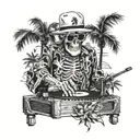 skeleton, DJ, turntables, with sunglasses, baseball hat, music, wearing kimono, Palm tree, black and white color tattoo design idea