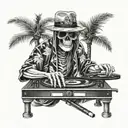 skeleton, DJ, turntables, with sunglasses, baseball hat, music, wearing kimono, Palm tree, black and white color tattoo design idea