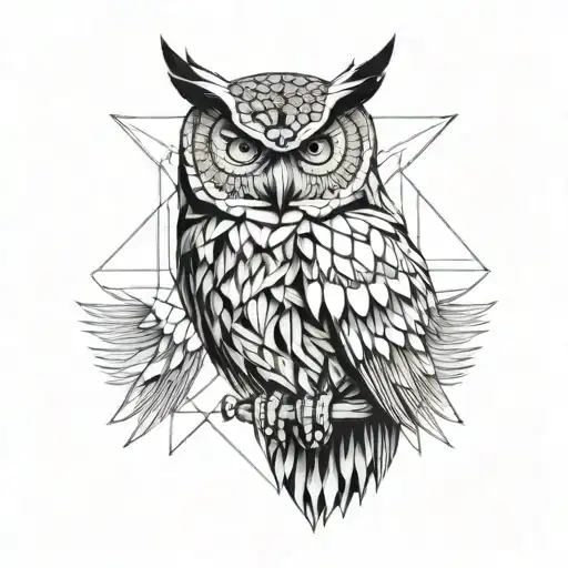 an owl with intimidating eyes looking for enemies with scary eyes only face and wings to the side and face in the middle tattoo design idea